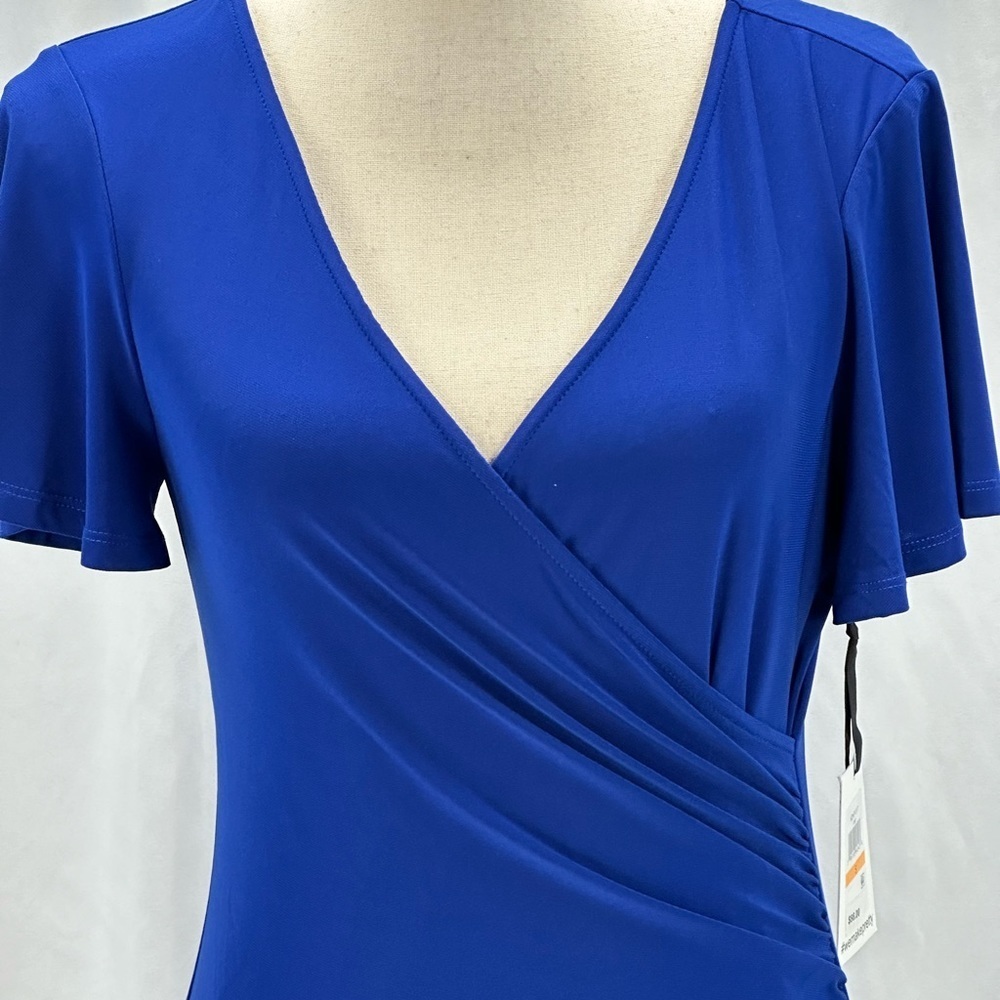 Kensie Short Sleeve Faux Wrap Side Ruched Midi Dress - Blue - size Small - Picture 5 of 13